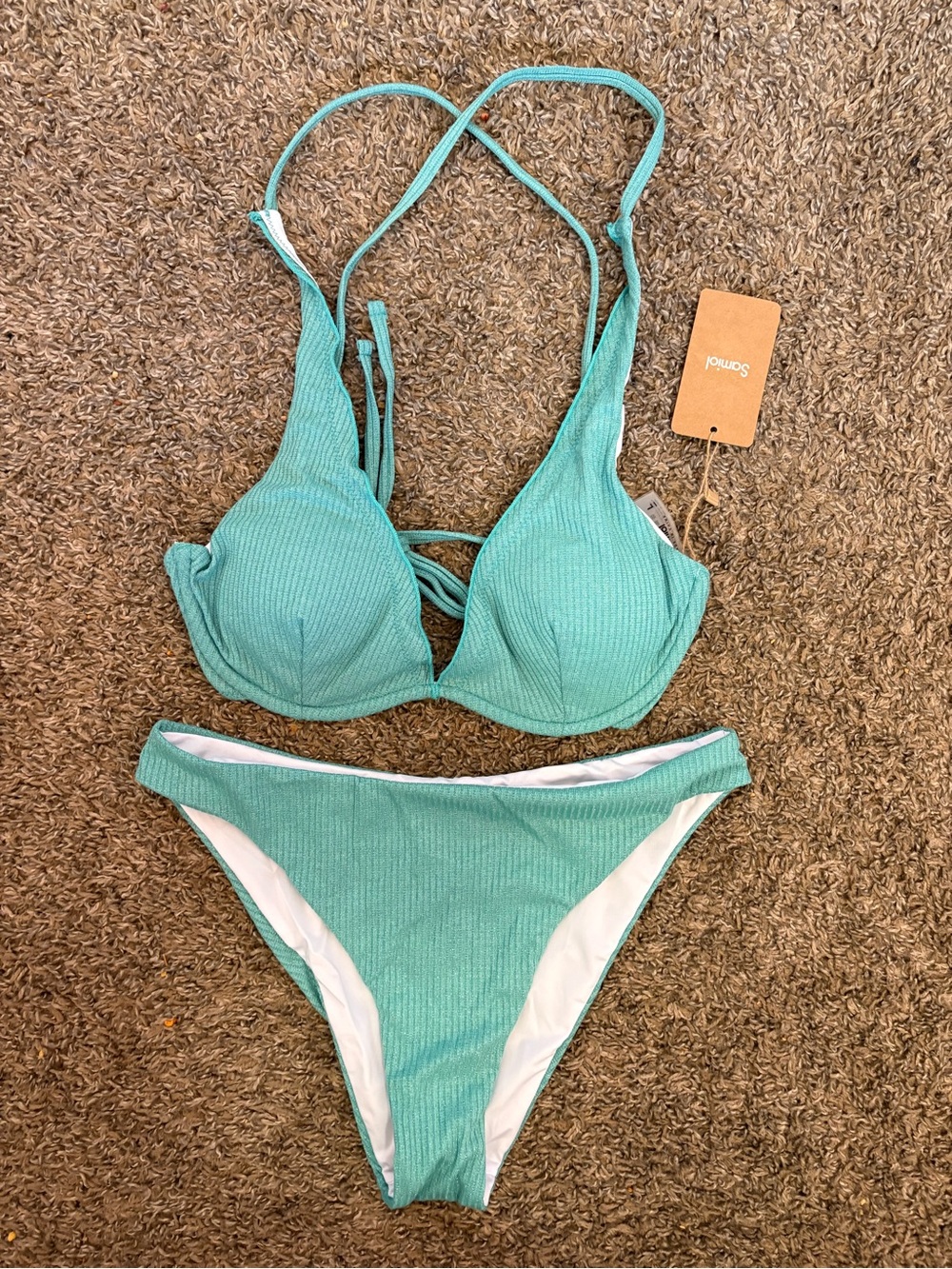 Samiol Women’s Bikini Swimsuit Green V- Notch Terry Cloth Size L
